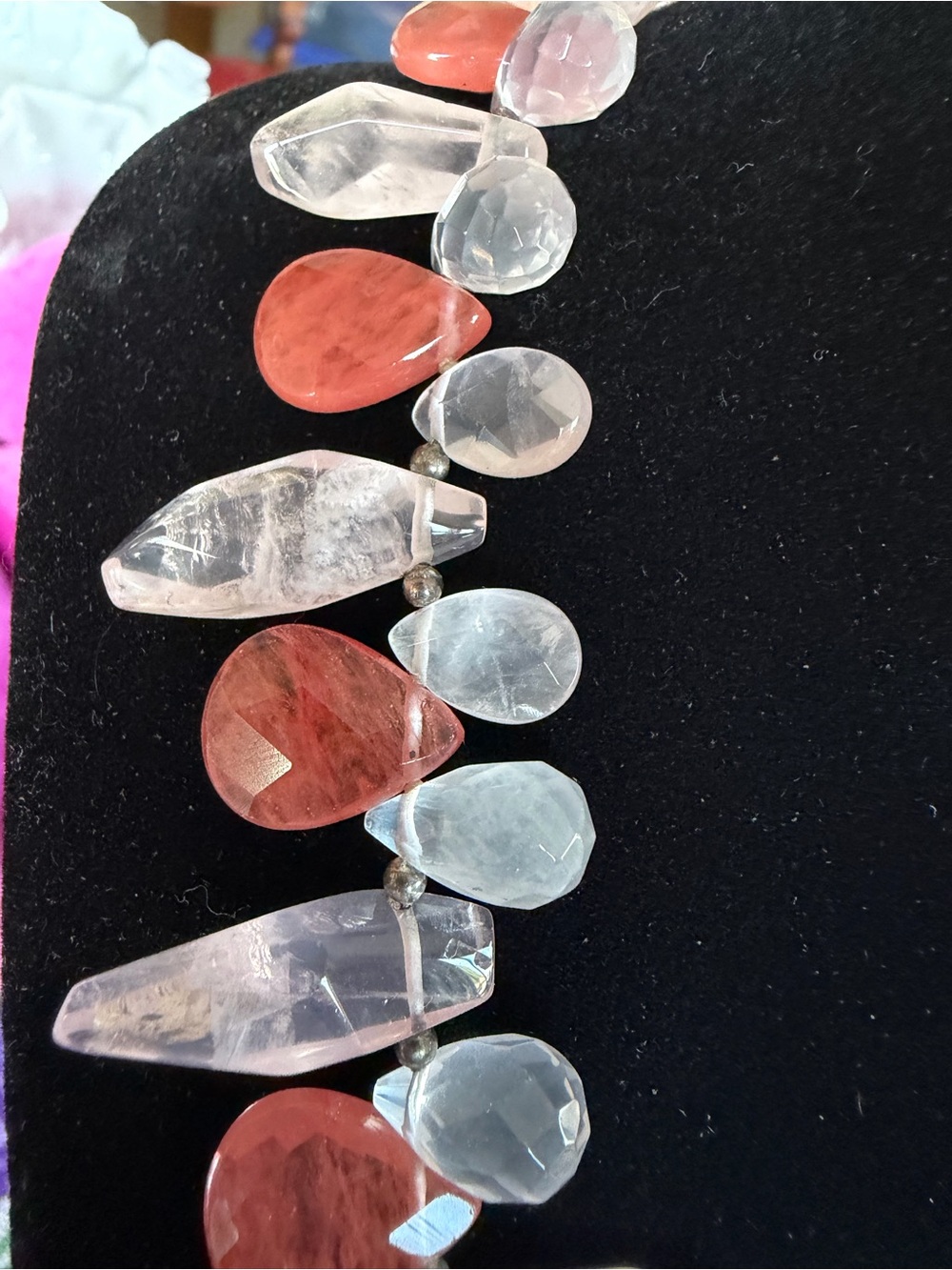 STUNNING Handcrafted Rose & Watermelon Quartz  Statement Necklace - Picture 3 of 8